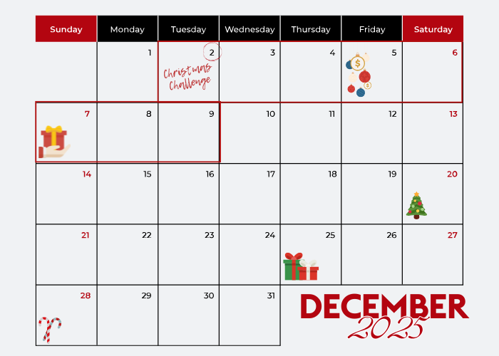 Graphic of a calendar of December, with red outline around 2-9 December and festive icons