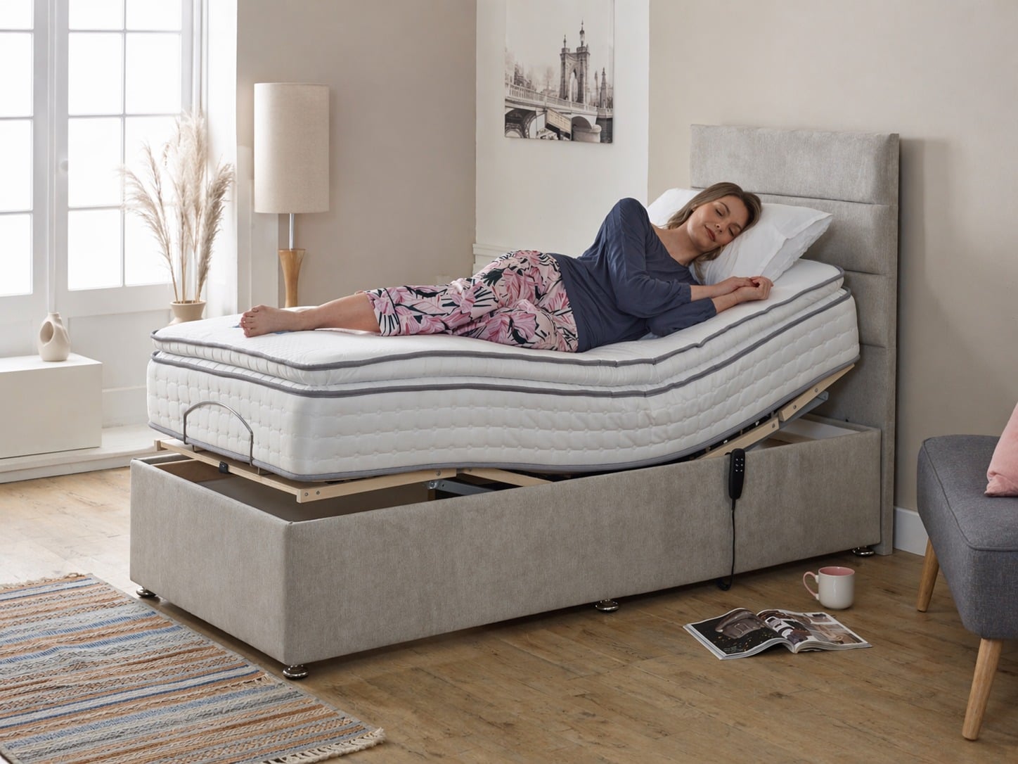 woman laying on an adjustable bed 